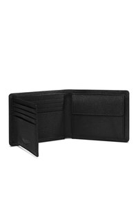 Portafoglio in pelle nera con texture in rilievo, dotato di più slot per carte e un singolo scomparto per contanti o documento d'identità. Vista aperta esposta.