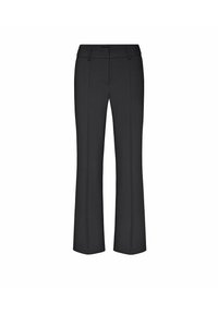 Pantalones negros ajustados con un diseño de pierna recta, que presentan un frente plano, pasadores para cinturón y sin patrones o adornos visibles.