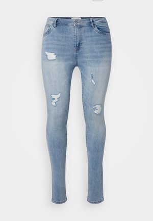 Lichtblauwe skinny jeans van denim, met een gemiddelde taillehoogte, verwerkte details en subtiele vervaging. Gladde textuur met vijf zakken.