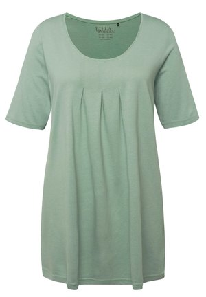 Korte mouwen, mintgroene tuniek gemaakt van zachte stof, met een ronde hals en verticale plooien voor extra textuur. Eenvoudig en comfortabel ontwerp.