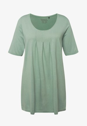 Tunique à manches courtes, vert menthe, en tissu doux, présentant un col rond et des plis verticaux pour plus de texture. Design simple et confortable.