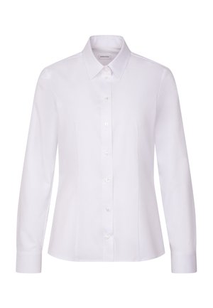 Weißes, langärmliges Hemd mit Knöpfen, spitzem Kragen und taillierten Nähten, zugeschnitten für eine schlanke Silhouette.