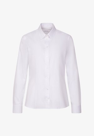 Weißes, langärmliges Hemd mit Knöpfen, spitzem Kragen und taillierten Nähten, zugeschnitten für eine schlanke Silhouette.