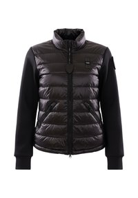 Chaqueta acolchada negra con mangas de tela lisa, cremallera frontal, bolsillos con cremallera, cuello alto y un pequeño parche en el pecho y la manga.