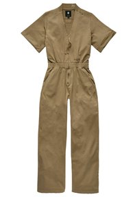 Khaki overal s krátkým rukávem z bavlněné směsi, se zipem vpředu, elastickým pasem a bočními kapsami. Má uvolněný střih po celé délce.
