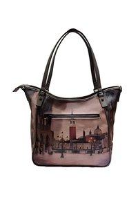 Borsa a tracolla sintetica con una stampa di un paesaggio urbano in toni tenui, dotata di doppie maniglie in pelle, tasca frontale con zip e finitura testurizzata.