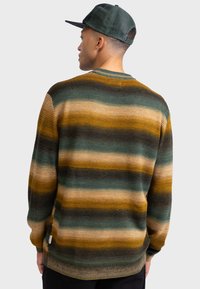 Multikleurige gestreepte trui met groene, gele en bruine tinten, gebreide textuur en een ronde halslijn. Afgewerkt met een klein logo-label.