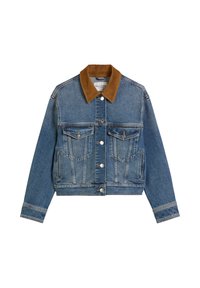 Veste en denim avec un délavage bleu, col en velours côtelé marron, poches avant, fermeture à boutons et coupe courte. Design classique avec des coutures structurées.