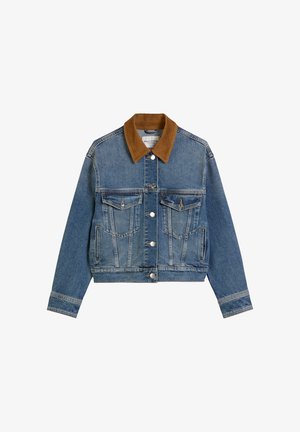 Jeansjack met een blauwe wassing, een bruine corduroy kraag, voorkeurszakken, knoopsluiting en een cropped snit. Klassiek ontwerp met gestructureerde naden.