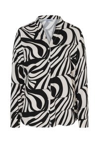Schwarz-weißes Langarmshirt mit wirbelndem abstraktem Muster. Hergestellt aus glattem Stoff mit durchgehender Knopfleiste und Kragen.