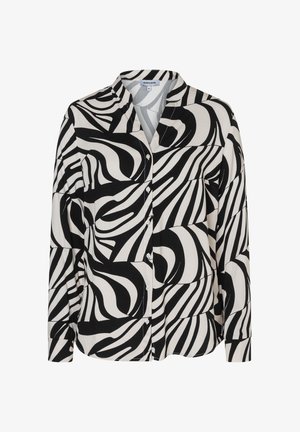 Zwart-wit shirt met lange mouwen en een wervelend abstract patroon. Gemaakt van een gladde stof met een knoopsluiting aan de voorkant en een kraag.
