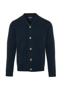 Marineblauwe gebreide cardigan, met een V-hals, zes knopen, twee voorkruim pockets en geribbelde manchetten en zoomdetails. Gemaakt van een zachte stof.