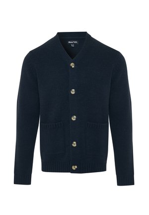 Cárdigan de punto en color navy, con escote en V, seis botones, dos bolsillos frontales y detalles de puños y dobladillo acanalados. Hecho de una tela suave.