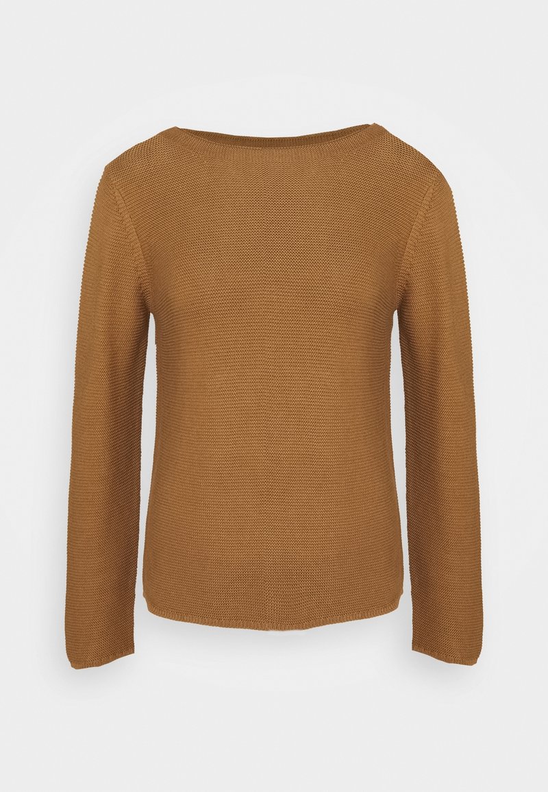 Pull marron à manches longues en tricot avec un motif texturé et un large col arrondi, montré de dos sur un fond uni.