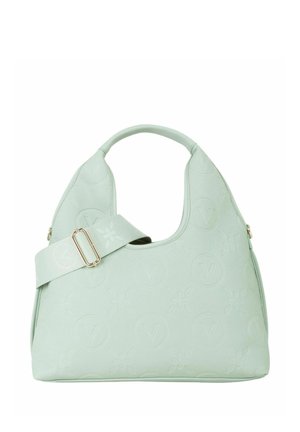 Sac à main vert menthe en cuir texturé, présentant une forme arrondie, une large bandoulière et des motifs floraux et logos embossés.