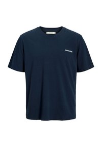 Navyblaues Baumwoll-T-Shirt mit kurzen Ärmeln und Rundhalsausschnitt. Enthält ein kleines weißes "JACK & JONES"-Logo auf der linken Brust.