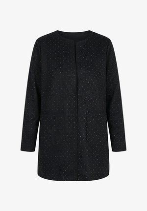 Black long-sleeve jacket with small white polka dots, round neckline, snap button closure, and two front patch pockets.