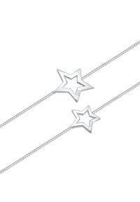 Silberarmband mit zwei sternförmigen Anhängern, einem größeren und einem kleineren, mit einer glatten Oberfläche und einem ineinandergreifenden Kettendesign.