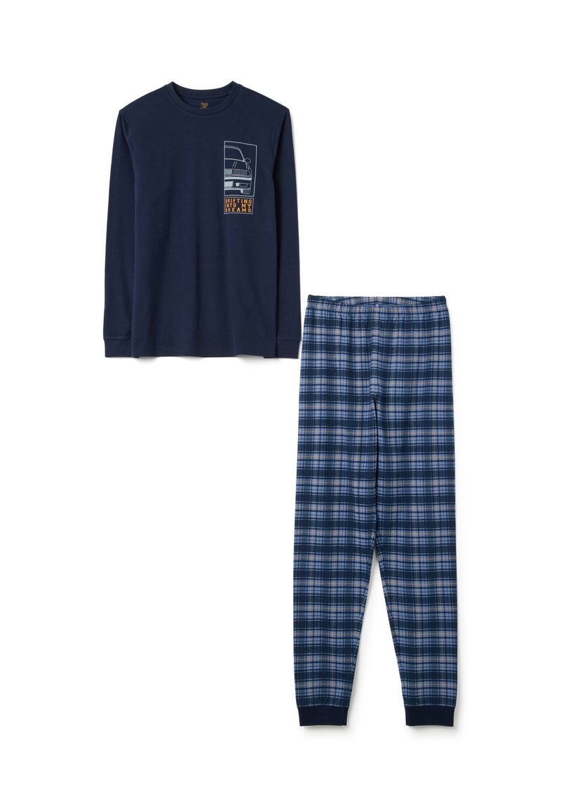 Haut de pyjama à manches longues bleu marine avec impression graphique sur la poitrine, associé à un pantalon à carreaux bleus. Matériau en coton. Ceinture élastique sur le pantalon.