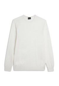 Maglione bianco a collo rotondo con una trama a coste, maniche lunghe e una texture sottile. Presenta un design minimalista senza motivi visibili.