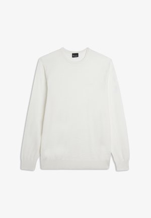 Maglione bianco a collo rotondo con una trama a coste, maniche lunghe e una texture sottile. Presenta un design minimalista senza motivi visibili.
