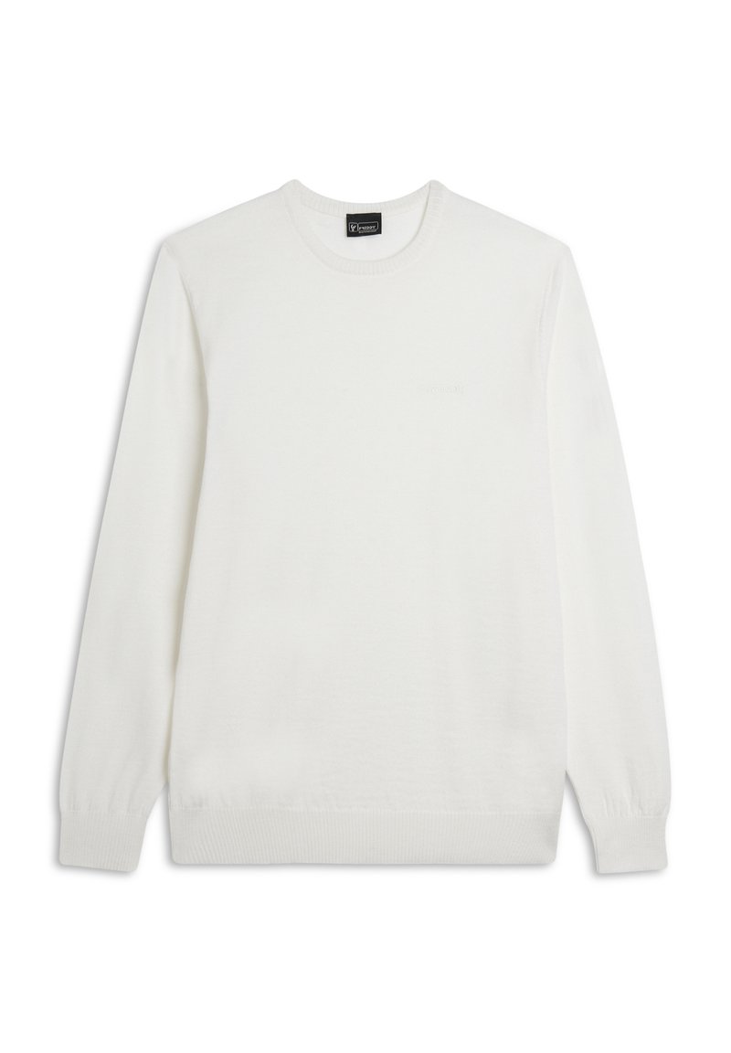 Maglione bianco a collo rotondo con una trama a coste, maniche lunghe e una texture sottile. Presenta un design minimalista senza motivi visibili.