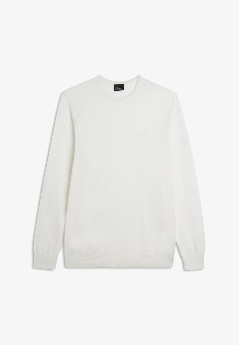 Suéter blanco de punto con cuello redondo acanalado, mangas largas y una textura sutil. Presenta un diseño minimalista sin patrones visibles.