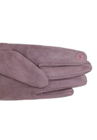 Guanti in suede viola con una texture liscia, caratterizzati da un dettaglio di ricamo floreale sul polso. Progettati con una vestibilità e una forma classiche.
