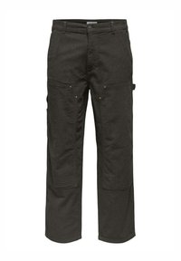 Pantalons cargo gris foncé en tissu durable. Dotés de deux poches avant, de poches latérales et de détails de couture subtils. Design à jambe droite.