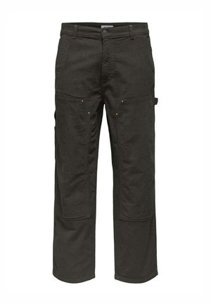 Pantalons cargo gris foncé en tissu durable. Dotés de deux poches avant, de poches latérales et de détails de couture subtils. Design à jambe droite.