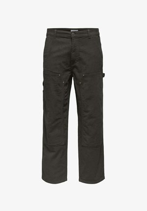 Pantalons cargo gris foncé en tissu durable. Dotés de deux poches avant, de poches latérales et de détails de couture subtils. Design à jambe droite.