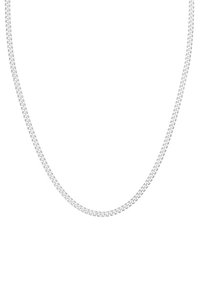 Collana in metallo argentato con un design a maglia piatta. Texture liscia, forma uniforme e spessore costante lungo tutta la lunghezza.
