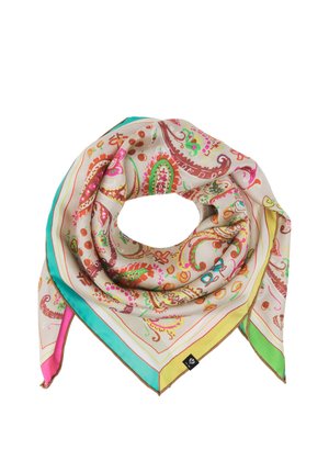 Quadratisches Seidentuch mit mehrfarbigen Paisley- und Blumenmustern, mit pinken, grünen, blauen und gelben Randstreifen.