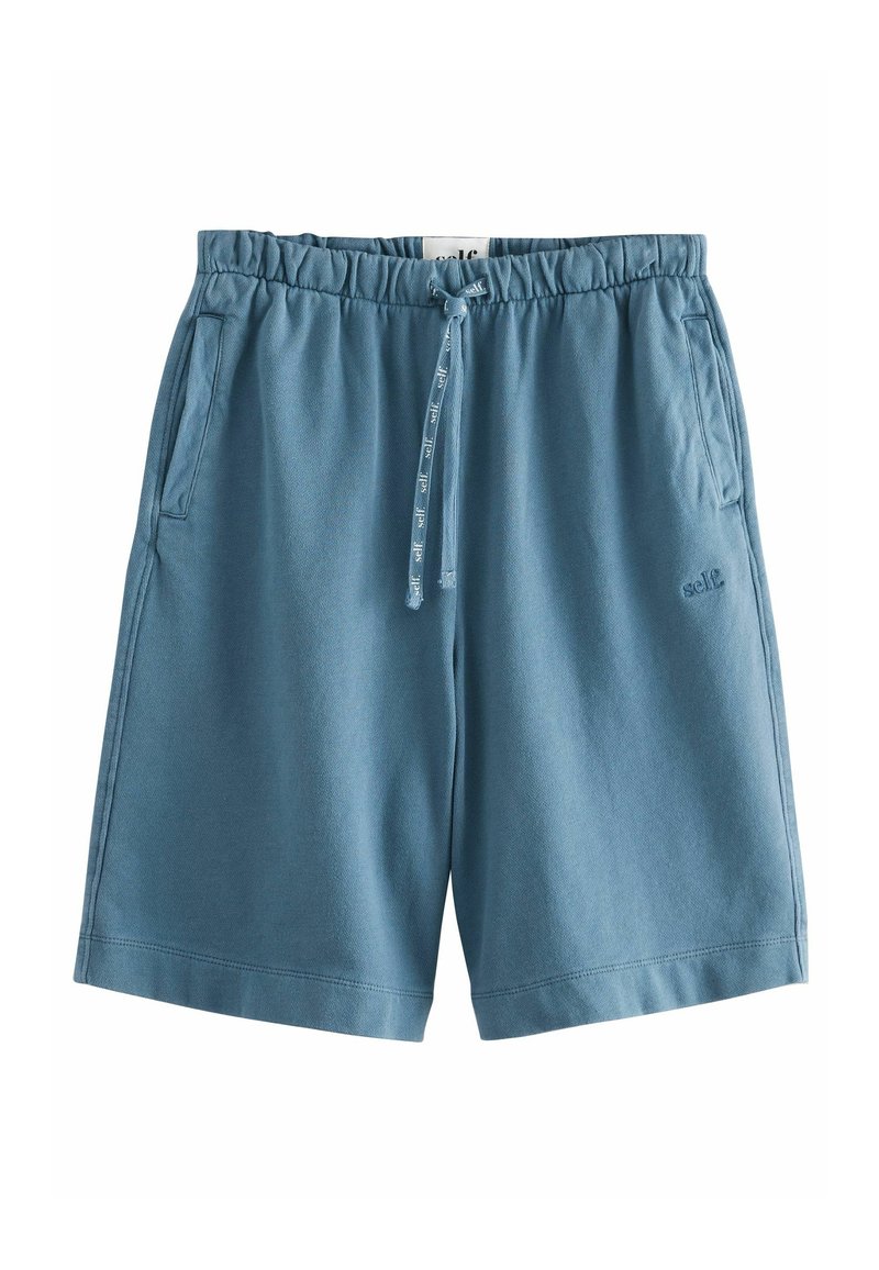 Pantalones cortos de algodón azul claro con cintura elástica, cordón, bolsillos laterales y logo bordado en el frente. Textura suave y corte recto.