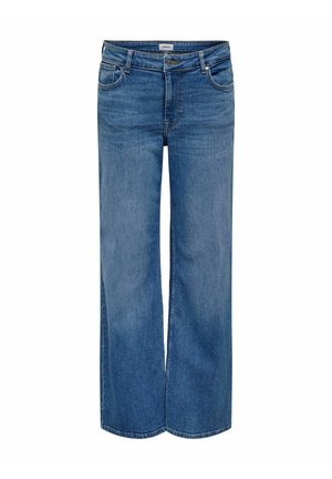 Jeans de pierna ancha en denim azul claro, con un diseño clásico de cinco bolsillos, cierre de botón y cremallera, y una textura ligeramente desgastada.
