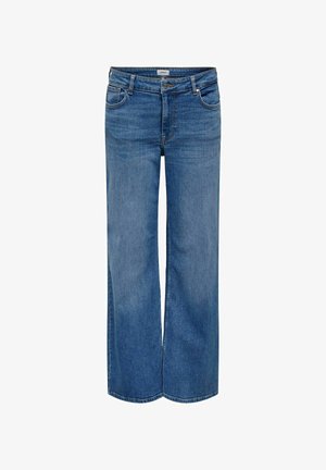 Helle blaue Denim-Jeans mit weitem Bein, ausgestattet mit einem klassischen Fünf-Taschen-Design, Knopf- und Reißverschluss und leicht ausgewaschenem Muster.