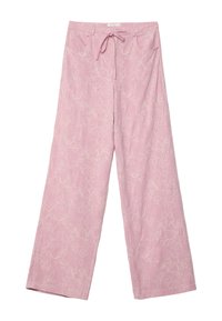 Pantalons larges roses avec broderie florale blanche et ceinture à cordon devant, présentés sur un fond blanc.