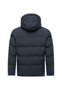 Giacca puffer blu navy con cappuccio, caratterizzata da pannelli trapuntati e maniche lunghe. Tessuto liscio senza hardware o motivi visibili.