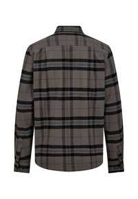 Camicia a maniche lunghe a quadri nelle tonalità grigio, nero e blu. Presenta un colletto classico, polsini con bottone e un tessuto morbido e testurizzato.