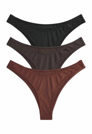 Drei Damenunterhosen im Bikini-Stil in den Farben Schwarz, Dunkelbraun und Rötlich-Braun, übereinander gestapelt auf weißem Hintergrund.