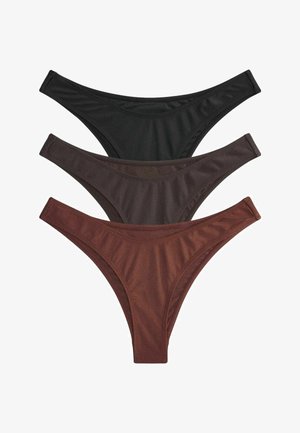 Tre mutandine da donna in stile bikini nei colori nero, marrone scuro e marrone rossiccio impilate su uno sfondo bianco.