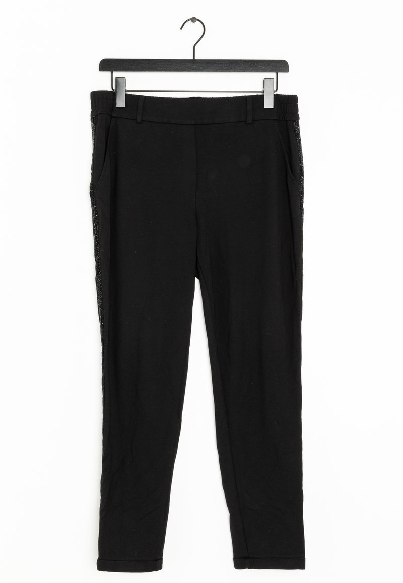 Pantalon noir en tissu doux, avec deux poches latérales et une coupe ajustée. Ils présentent des accents texturés sur les côtés et un design à jambes droites.