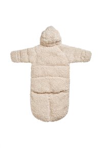 Beige sherpa-tyg babyOverall med huva, långa ärmar och dragkedjeslutning i botten. Mjuk, texturerad yta och bred passform.