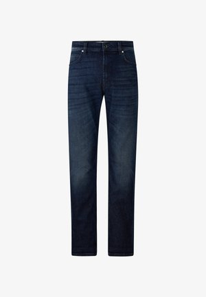 Granatowe dżinsy z prostą nogawką, pięcioma kieszeniami, delikatnym wyblaknięciem oraz zapięciem na guzik i zamek błyskawiczny.