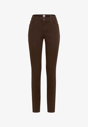 Braune Slim-Fit-Hosen aus Denim, mit einem Standardbund, Fronttaschen und einem einzelnen Knopfverschluss. Glatte Textur und schlankes Design.