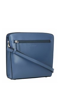 Blauwe leren crossbodytas met een ritssluiting aan de voorkant en een verstelbare band. Heeft een plat ontwerp en subtiele logodetails.