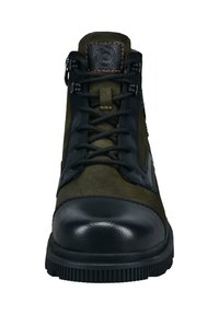 Schwarze Leder- und olivfarbene Veloursleder-Ankle Boots mit runder Spitze, Schnürsenkeln und seitlichem Reißverschluss. Verfügt über einen gepolsterten Kragen und eine strukturierte Gummisohle.