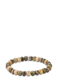 Beaded bracelet featuring round, multicolored stones in earthy tones of green, brown, and beige, with a silver accent bead.