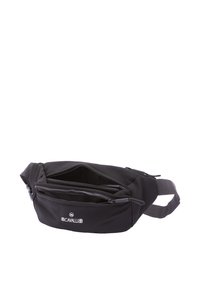 Marsupio nero realizzato in tessuto resistente, con due scomparti con zip, tracolla regolabile e dettaglio del logo sul davanti. Design compatto e funzionale.