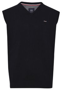 Czarny bezrękawnik z dekoltem w serek, wykonany z dzianiny. Posiada logo na piersi oraz paski wzdłuż linii dekoltu.